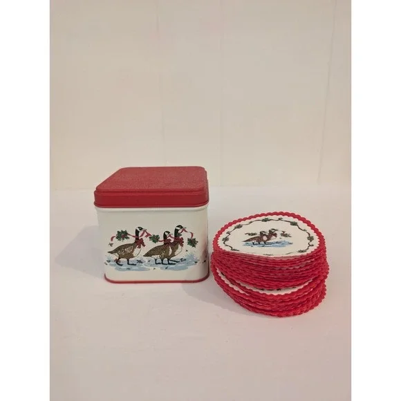 Vintage Christmas Geese Paper Coasters With Tin Potpourri Press Holiday 3.25" - Picture 2 of 15
